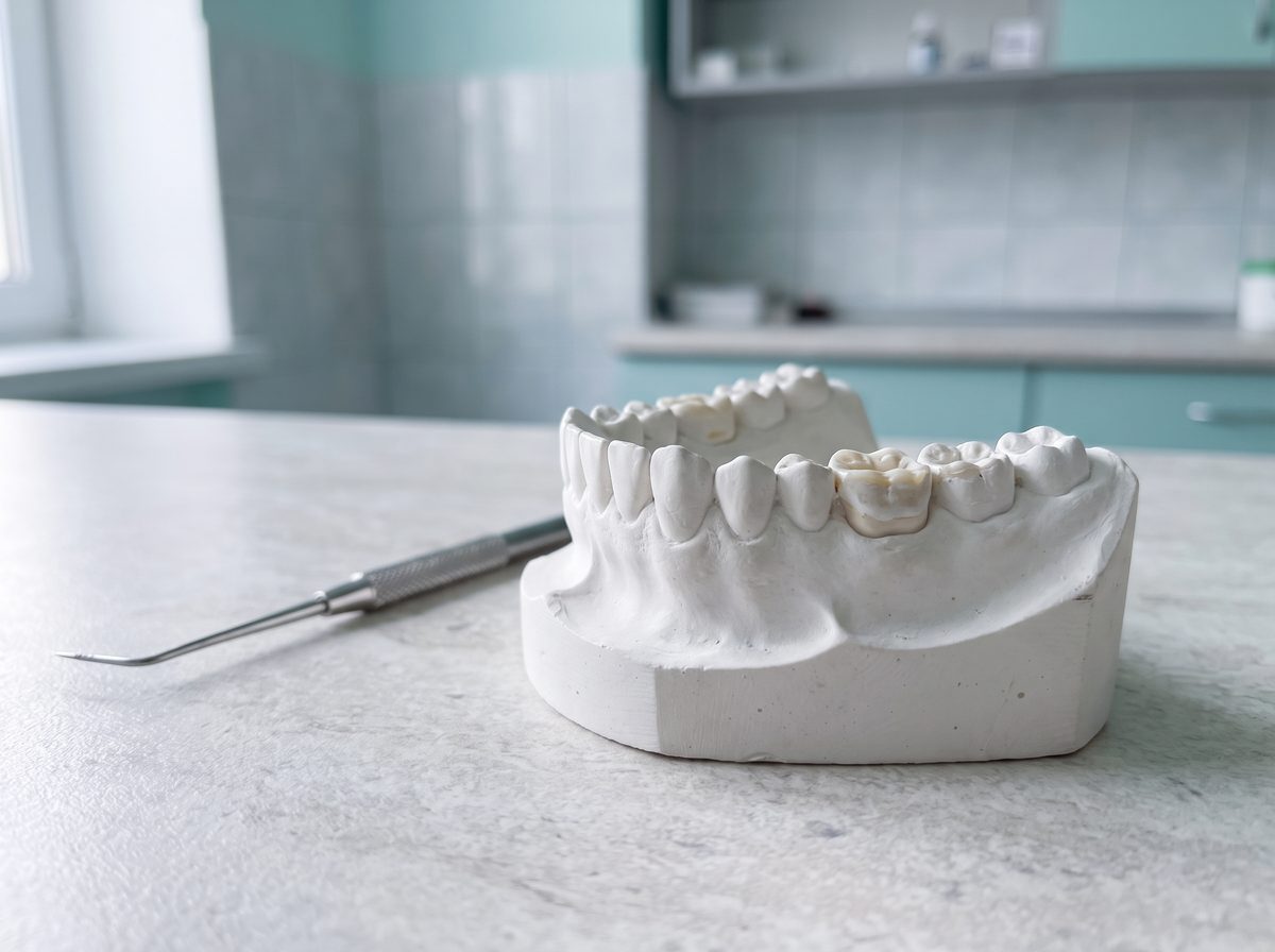A dental study model showing worn molar surfaces on a laboratory bench
