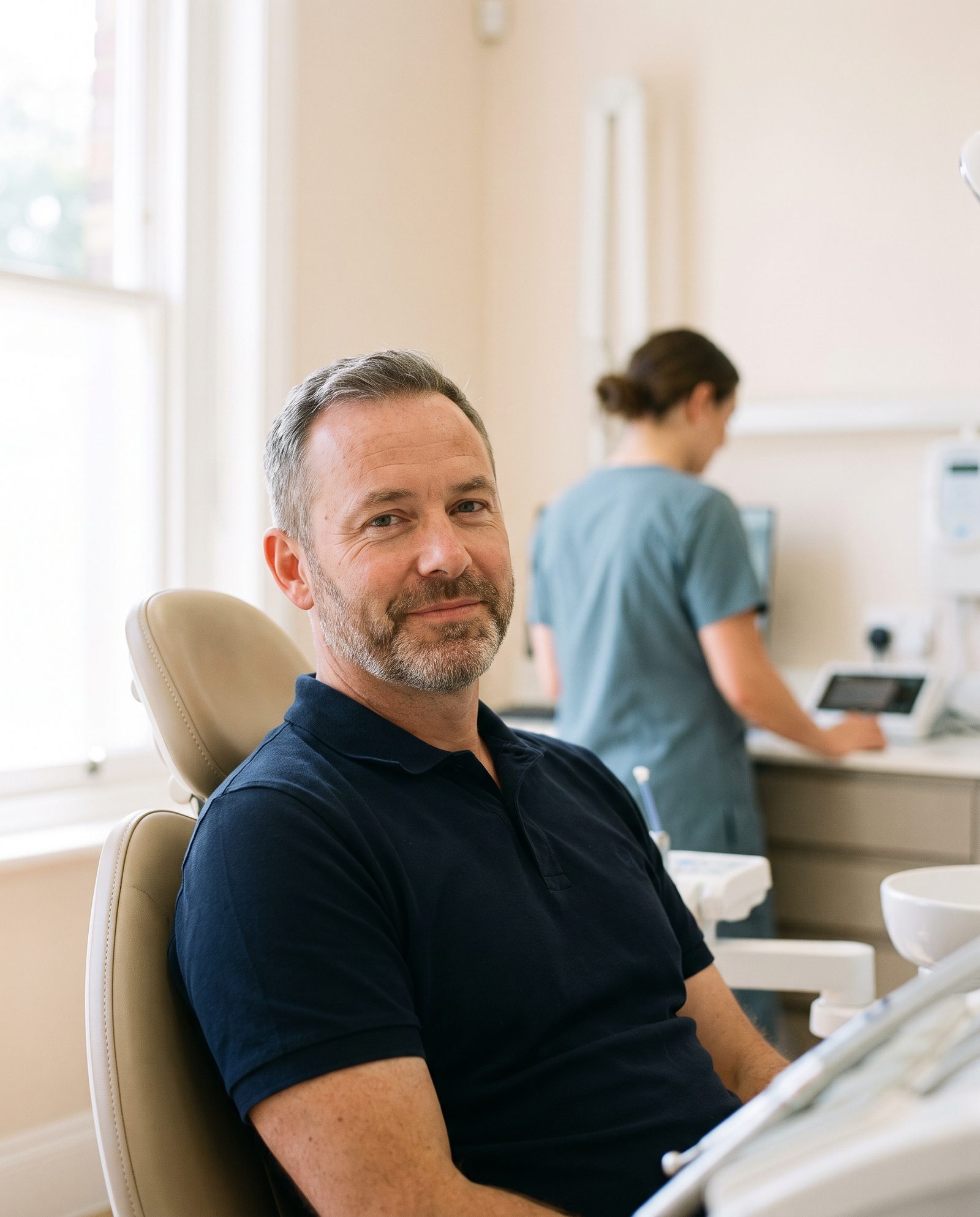 An Australian veteran seated in a dental chair in a modern clinic, with a dental clinician working behind him