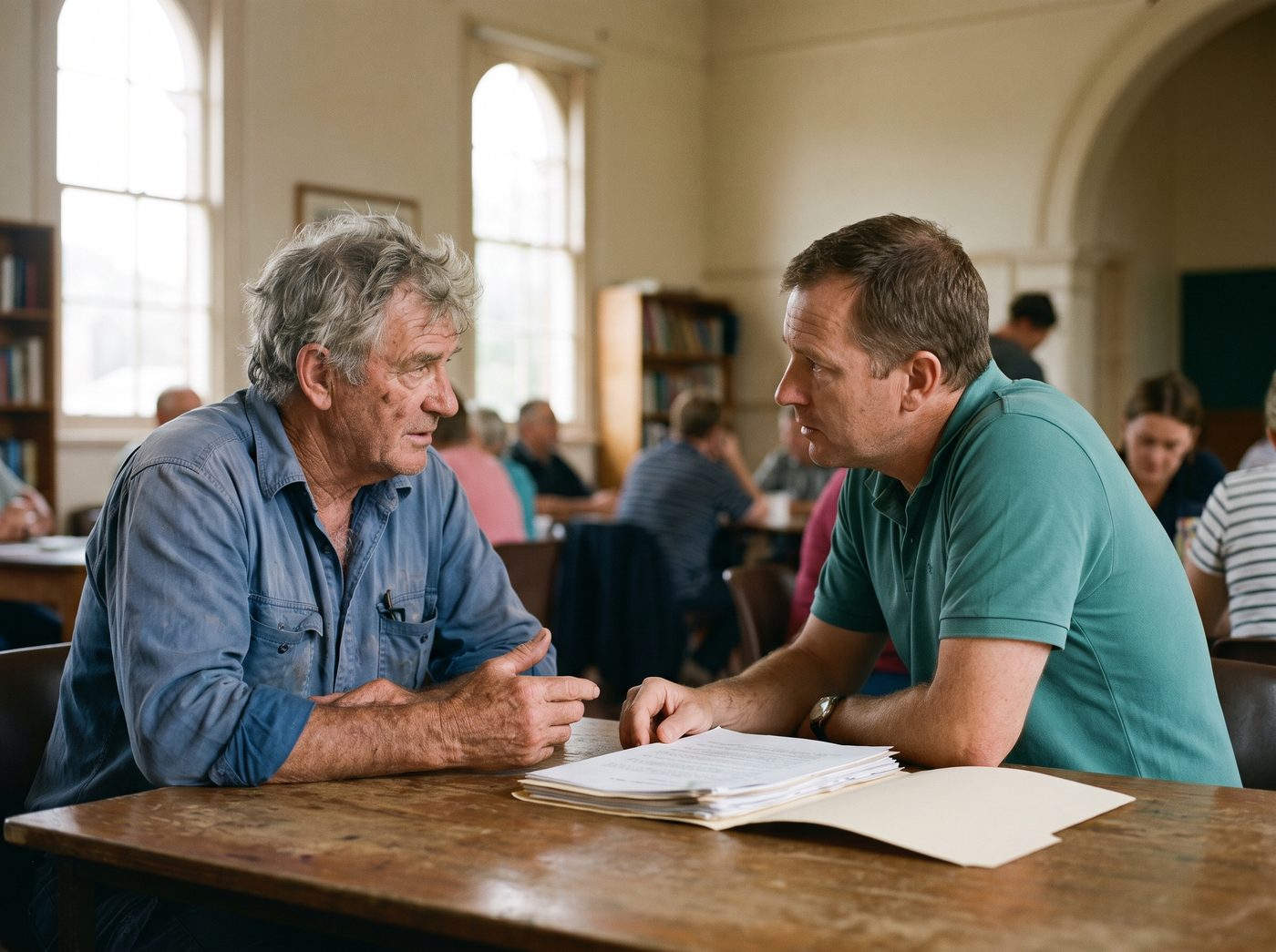 Two Australian veterans talking across a table